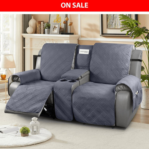Waterproof Recliner Loveseat Couch Covers With Center Console, Reclining 2 Seater Chair Cover Sofa Cover Furniture Protector With Elastic Straps Pocket Dark Grey