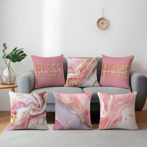 6pcs Simple Home Pink Marble Pattern Cushion Covers, Single-Sided Printed Peach Velvet Material, 45*45/50*50/40*40CM Pillow Covers For Modern Fabric Sofa Indoor Decor, Party Decoration, Gift