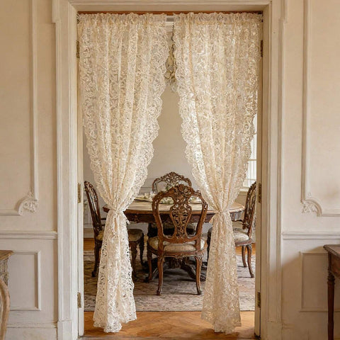 1pc Romantic Countryside Style Embroidered Lace Sheer Curtain, Vintage Filtering Decorative Partition Door Curtain Half Curtain, Suitable For Balcony, Porch, Bedroom, Living Room, Study, Atmosphere Decoration, All Seasons